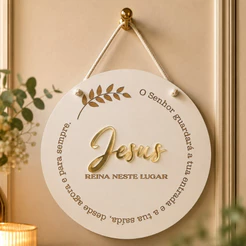 Placa Decorativa Personalizada Porta de Entrada MDF 20cm Jesus Reina Neste Lugar - Bem vindo