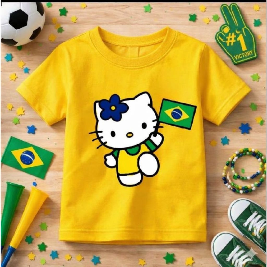 Camiseta Infantil Menina Estampada Hello Kity Brasil Copa Do Mundo Algodão Lançamento Crianças
