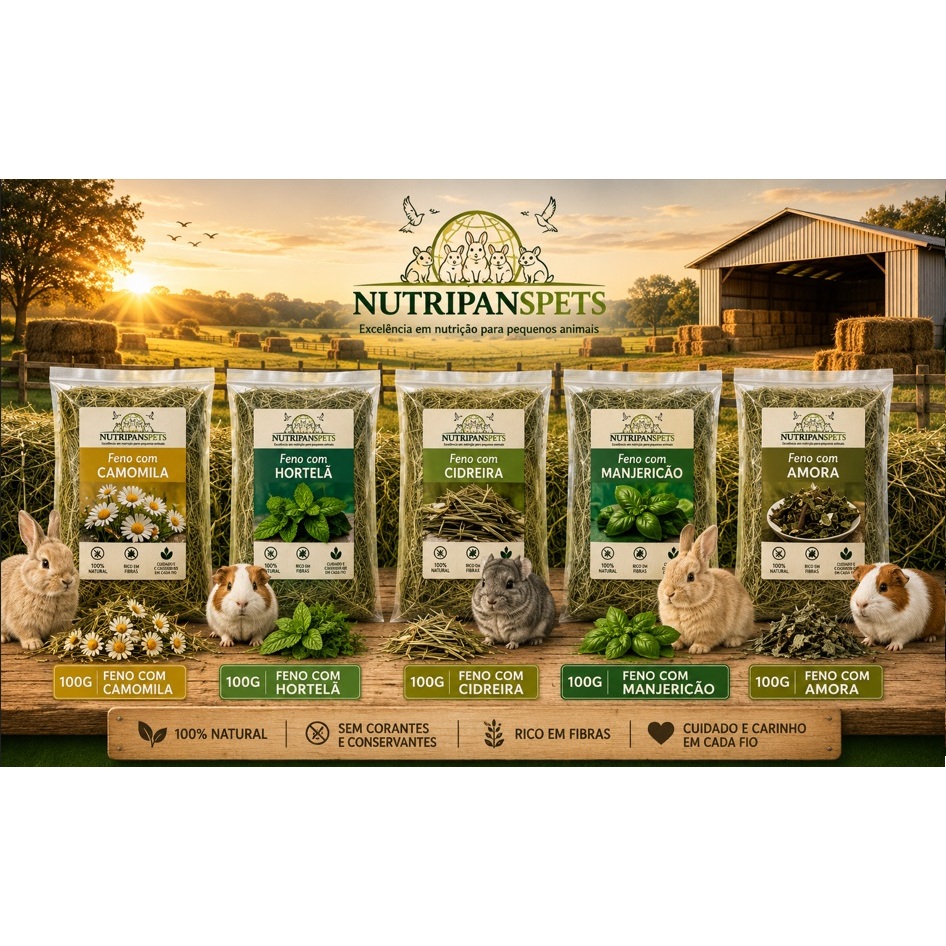 Kit Fibra alimentar feno saborizado 05 unid 100g cada Manjericão Cidreira Hortelã Amora Camomila