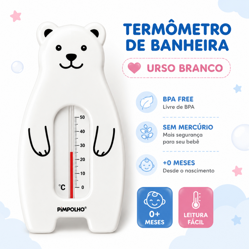 Termômetro de Banheira Pimpolho Bebê BPA Free 0m+ Urso Branco Golfinho Azul ou Rosa