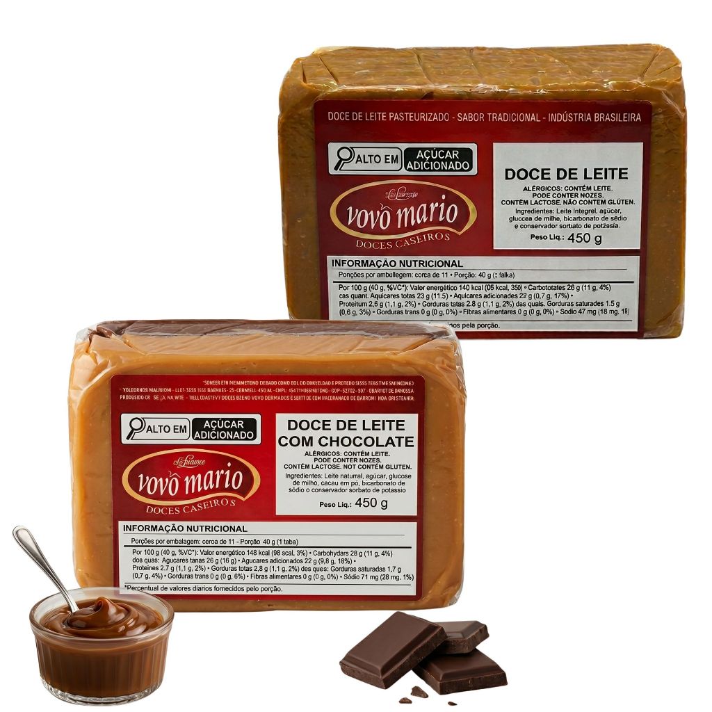 Doce de Leite Puro e com Chocolate em Tablete com Açúcar 450g Doce Vovô Mário Kit 2 UND