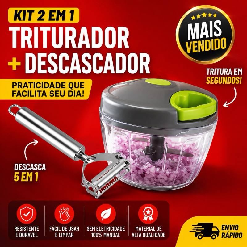 Mini Processador Manual Triturador Alho Cebola Legumes + Descascador Inox 5 em 1 Cozinha