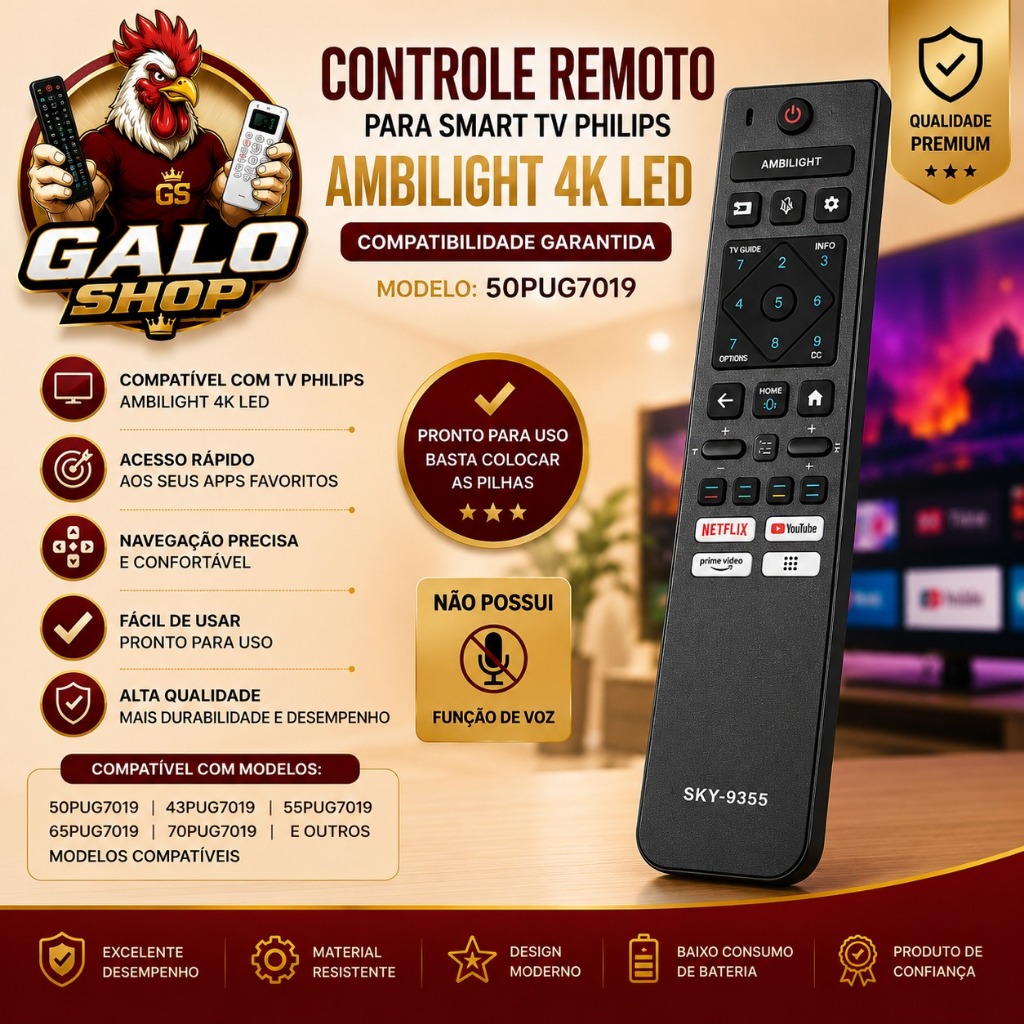 Controle Remoto Para Smart TV Philips Ambilight 4K LED 50PUG7019 Sem voz