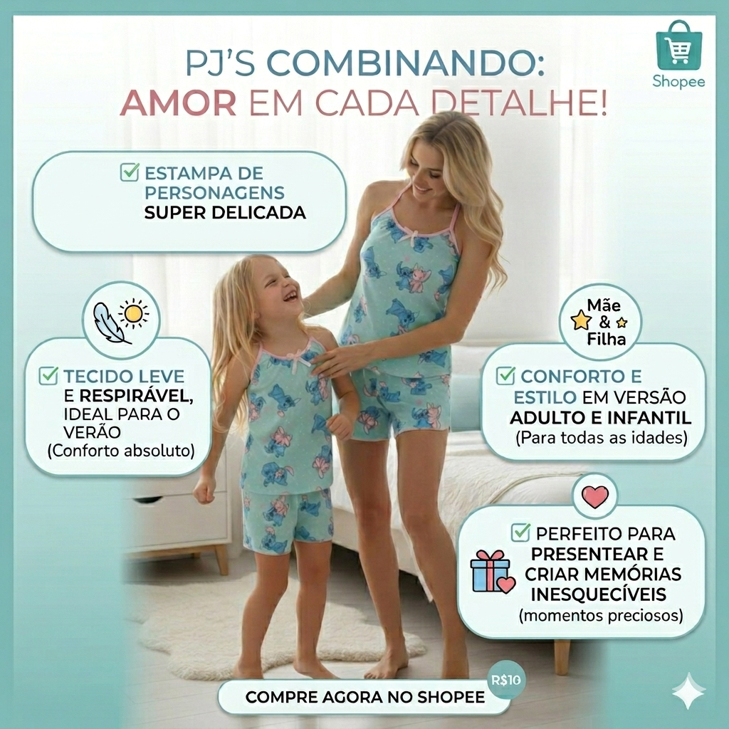 Pijama Mãe e Filha Personagens Combinando Conjunto Pijama Tal Mãe Tal Filha Feminino e Infantil Baby Doll Mãe e Filha