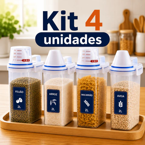Kit 4 Potes Herméticos 2L Com Copo Medidor Organizador Mantimentos Arroz Feijão Sabão Em Pó Amaciante Produtos Limpeza
