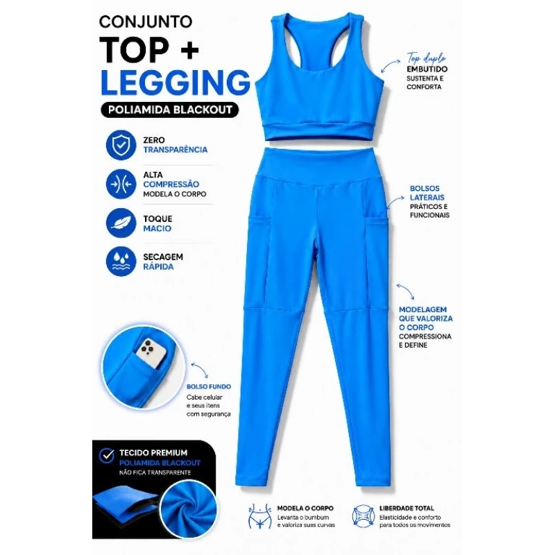 Conjunto Fitness Poliamida Premium Zero Transparência Cintura Alta| Legging com bolso + Top Nadador duplo | Academia — imagem 1