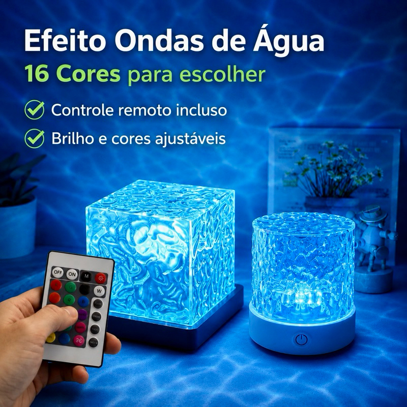 Luminária de Mesa LED Cubo RGB 16 Cores Projetor Efeito Ondas Rotativa Controle Remoto Recarregável