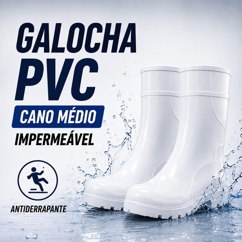 Galocha PVC Cano Médio Branca Impermeável Antiderrapante Trabalho Limpeza Industrial Envio Rápido