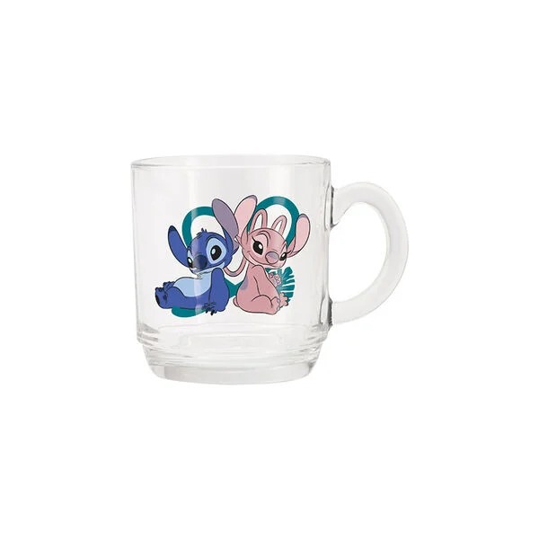 Caneca Vidro 300ml Personagem Stitch E Angel Disney Redonda
