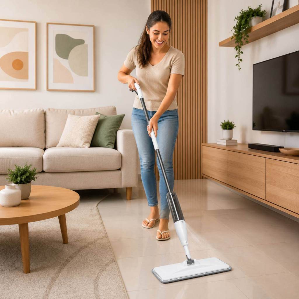 Mop Prático Com Pulverização Para Uso Seco E Úmido com Reservatório e Rotação 360