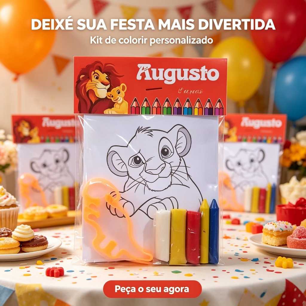Kit Para Colorir Premium Rei Leão Personalizado para Festa Infantil + Kit Massinha + Giz, Lembrancinha Criativa