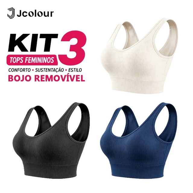 Jcolour Kit 3 Sutiã sem pescoço feminino decotado sutiã esportes para fitness ioga corrida