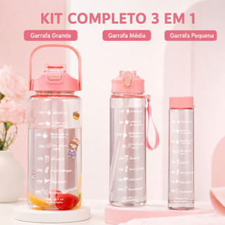 Kit 3 Garrafas de Água Rosa com Alça Para Academia Escola Trabalho