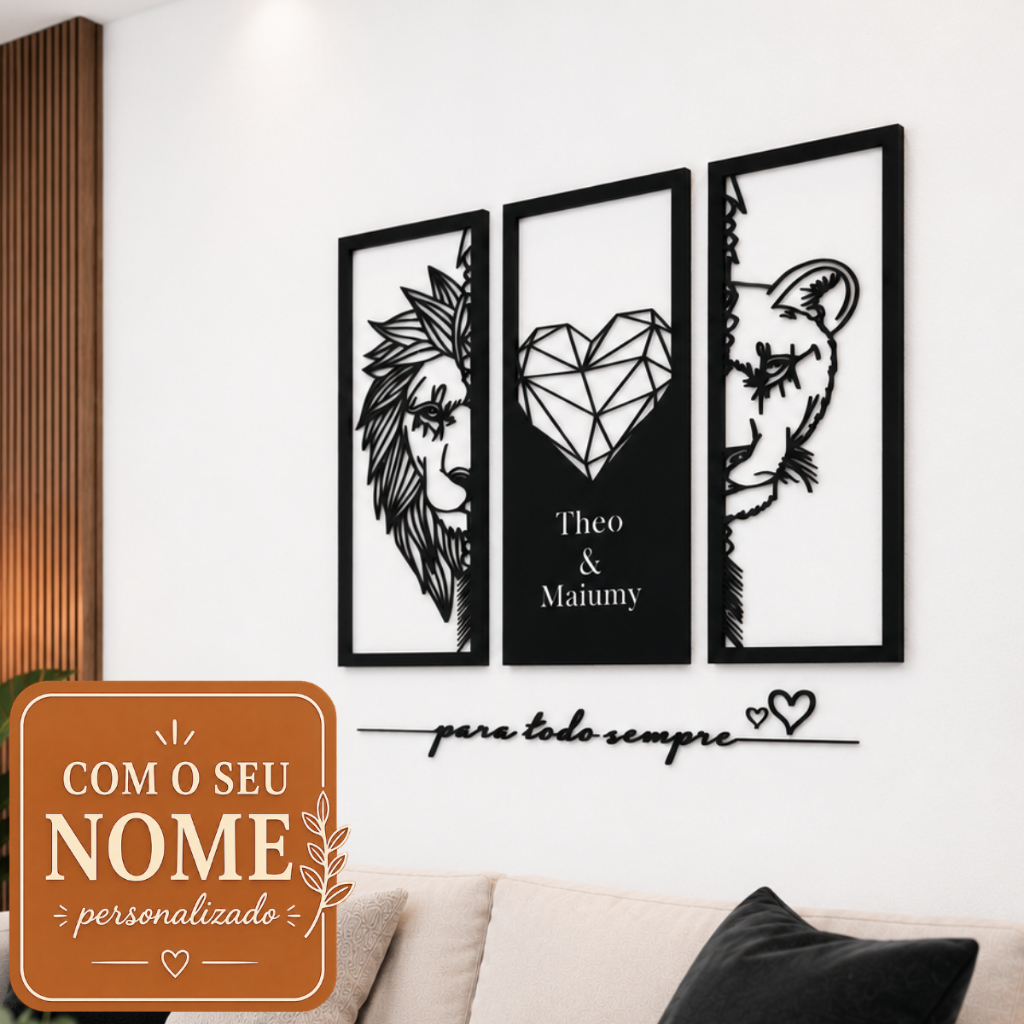 Kit Quadro Leão Grande Personalizado e Frase Para todo sempre Sala Quarto Decorativo