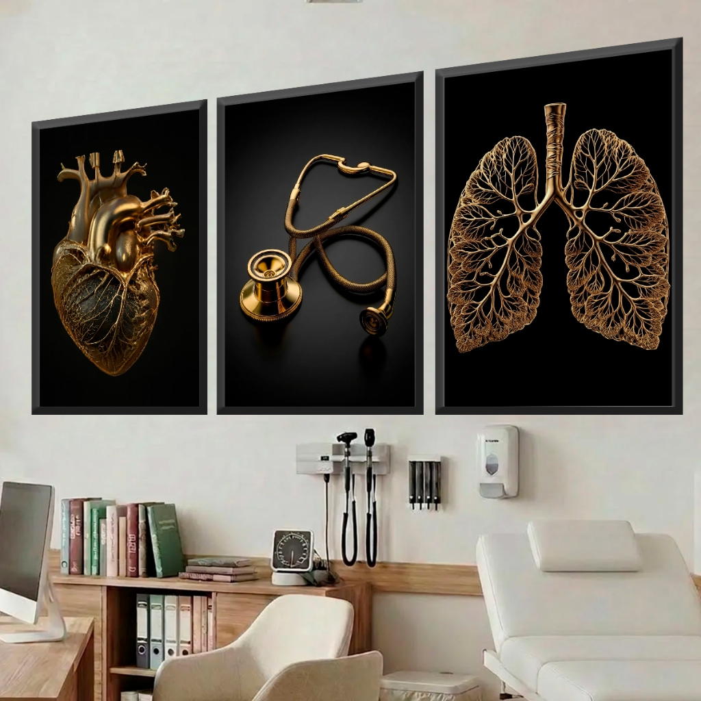 Quadro decorativo 3 peças 40x60 profissão médicos Anatomia medicina decoração para consultório quarto sala