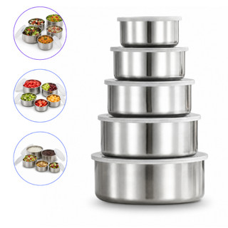 Jogo 5/10 Tigelas Inox Com Tampa Kit Potes Redondo 250ml a 1200ml Pote Hermético Cozinha Organização