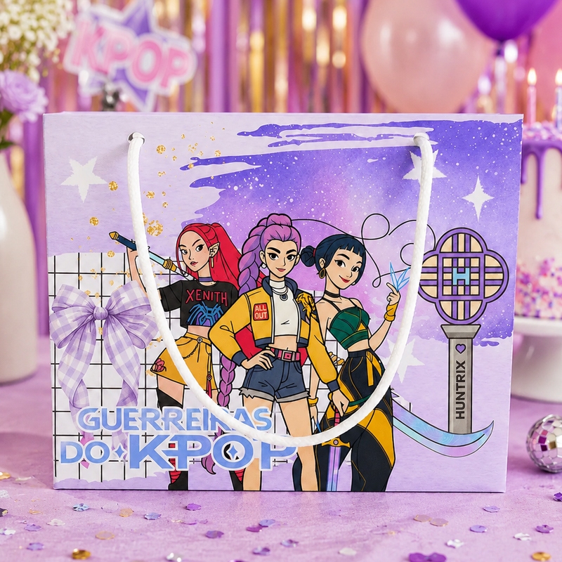 Sacolinha Personalizada Guerreira do K-Pop | Lembrancinha Festa Kpop Rosa Roxa com Alça | Presente para Aniversário