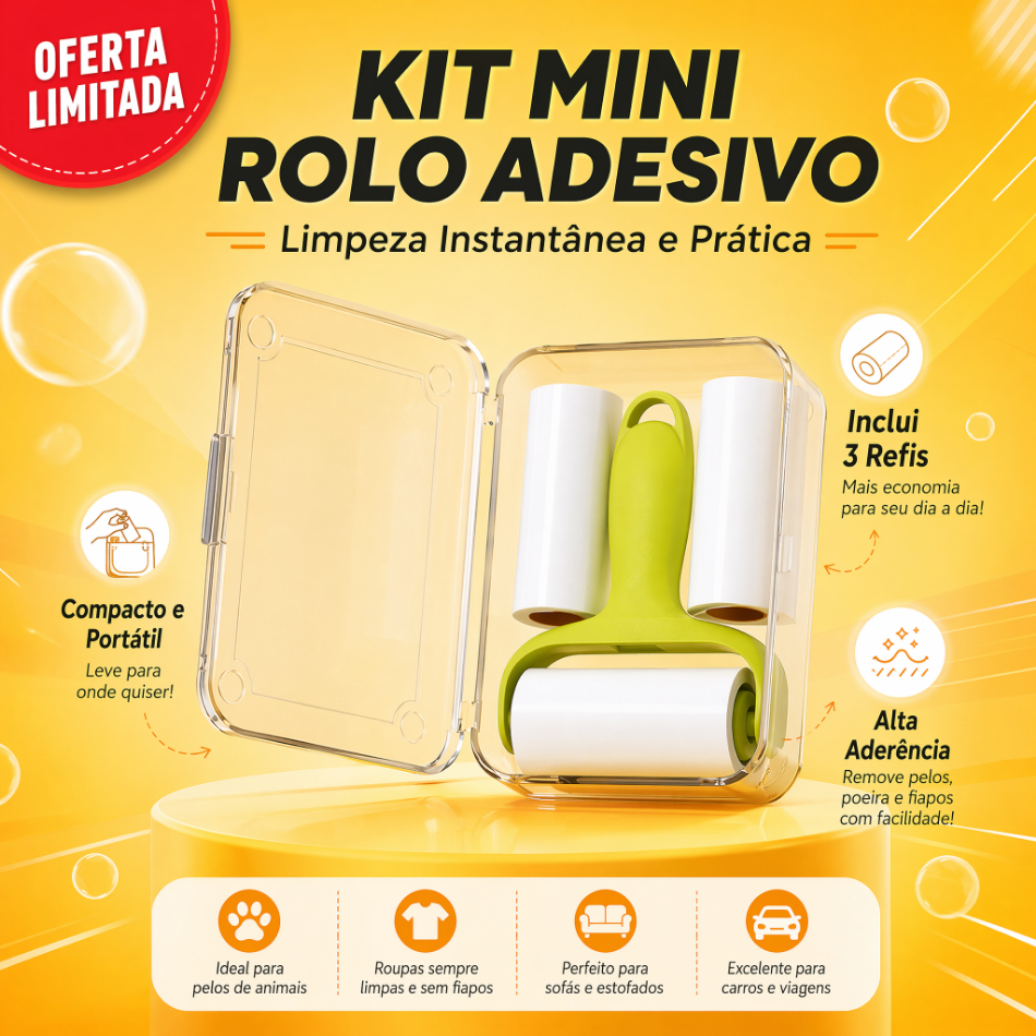 Rolo Adesivo Portátil Mini com Estojo + 3 Refis, Removedor de Pelos, Poeira e Fios para Roupas, Viagem, Carro e Pet
