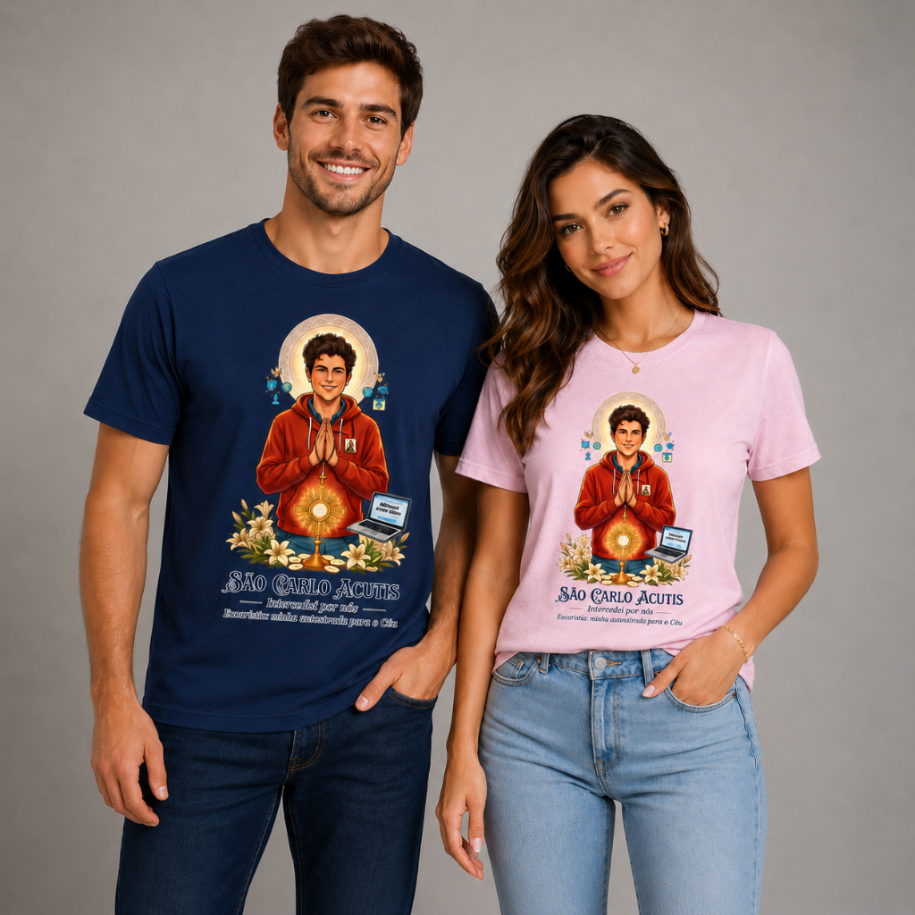 Camiseta Católica Carlo Acutis Inspiração Jovem Estilosa Tendência Religiosa Feminina e Masculina