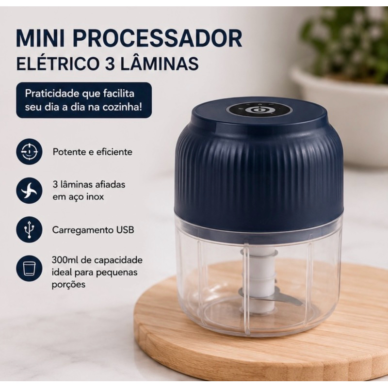 Mini Processador Elétrico USB 300ml ou 250ml Recarregável 3 Lâminas Inox Triturador de Alimentos