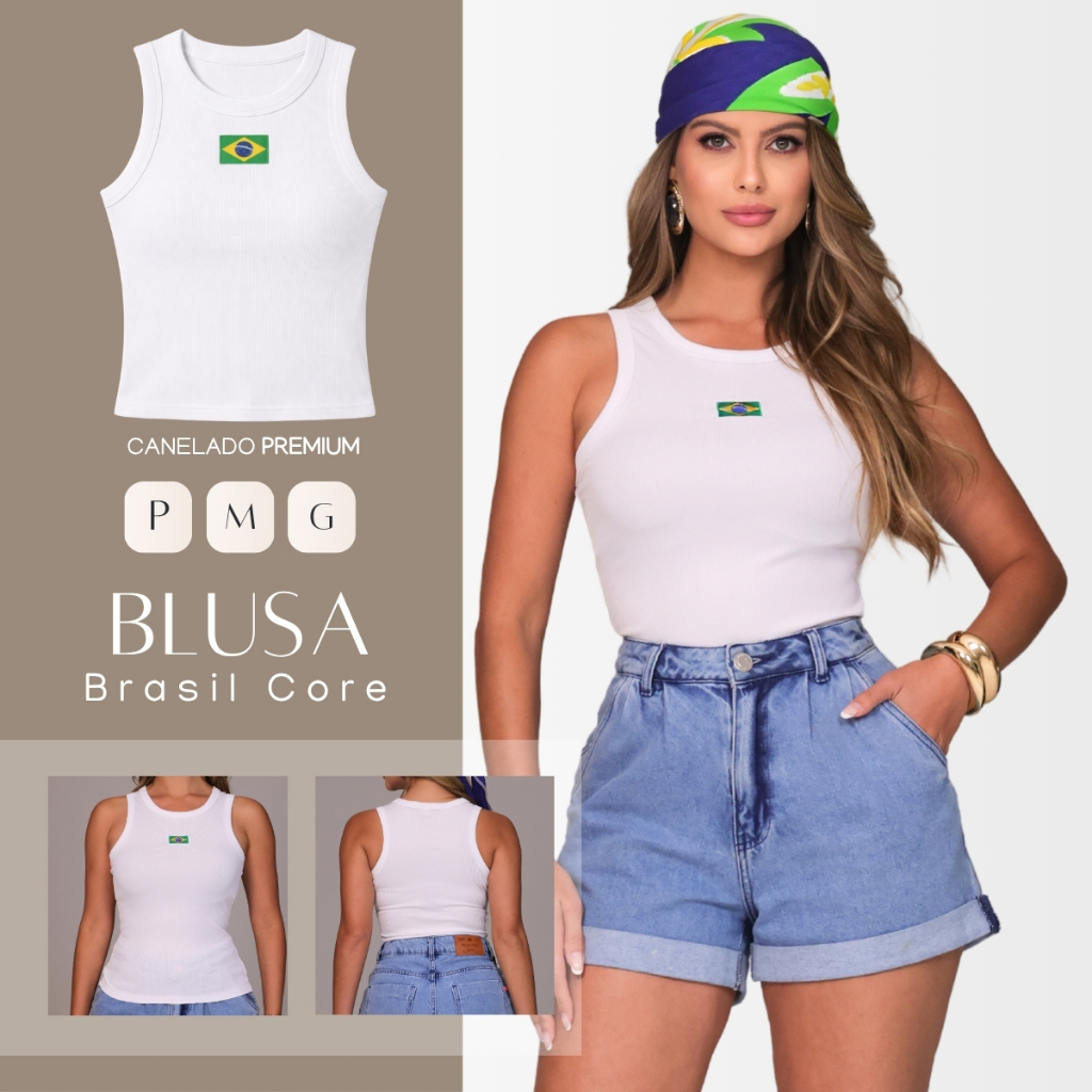 Blusa Regata Feminina Brasil Core Copa do Mundo Canelado Premium P ao GG