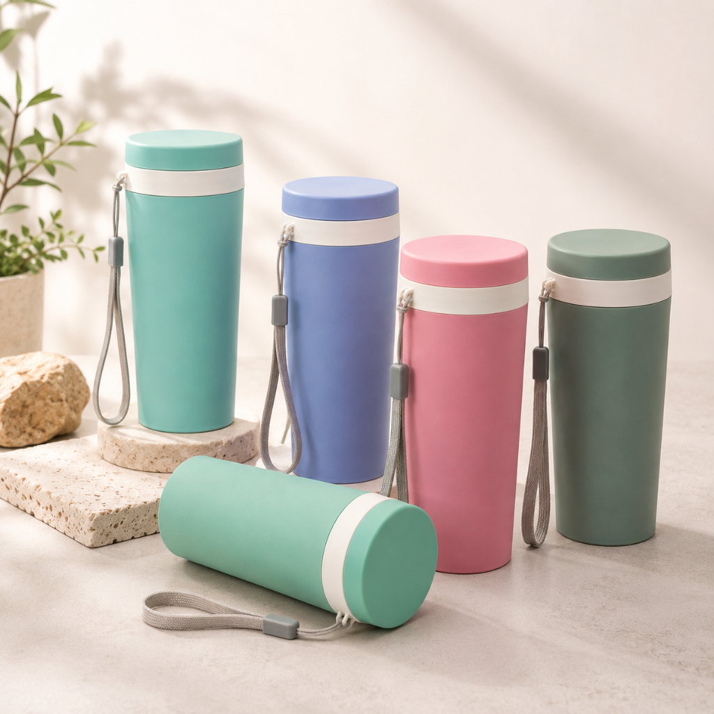Copo Fibra de Bambu Portatil 350ML Parede Dupla com Alça Termico Café Agua Suco Tampa Rosqueável