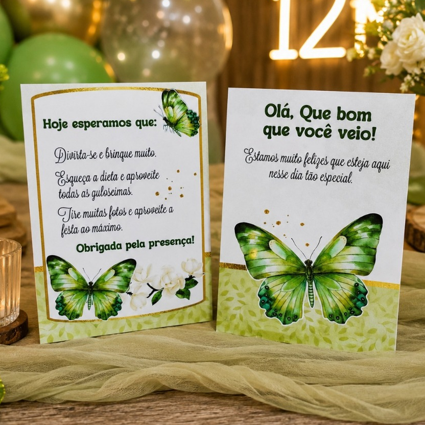 Plaquinha de mesa -  tema borboleta VERDE  jardim encantado  - embalagens  e lembrancinhas temáticas para aniversário