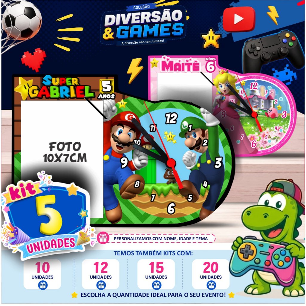 Centro de Mesa Relógio + Porta Retrato Personalizado - Super Mário | Princesa Peach
