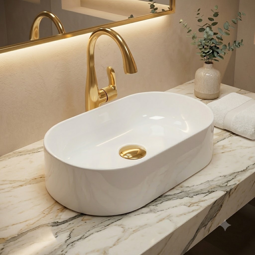Cuba De Apoio Para Banheiro Oval Mármore Sintético Premium Branca 43cm Lavabo Luxo Design Sobrepor