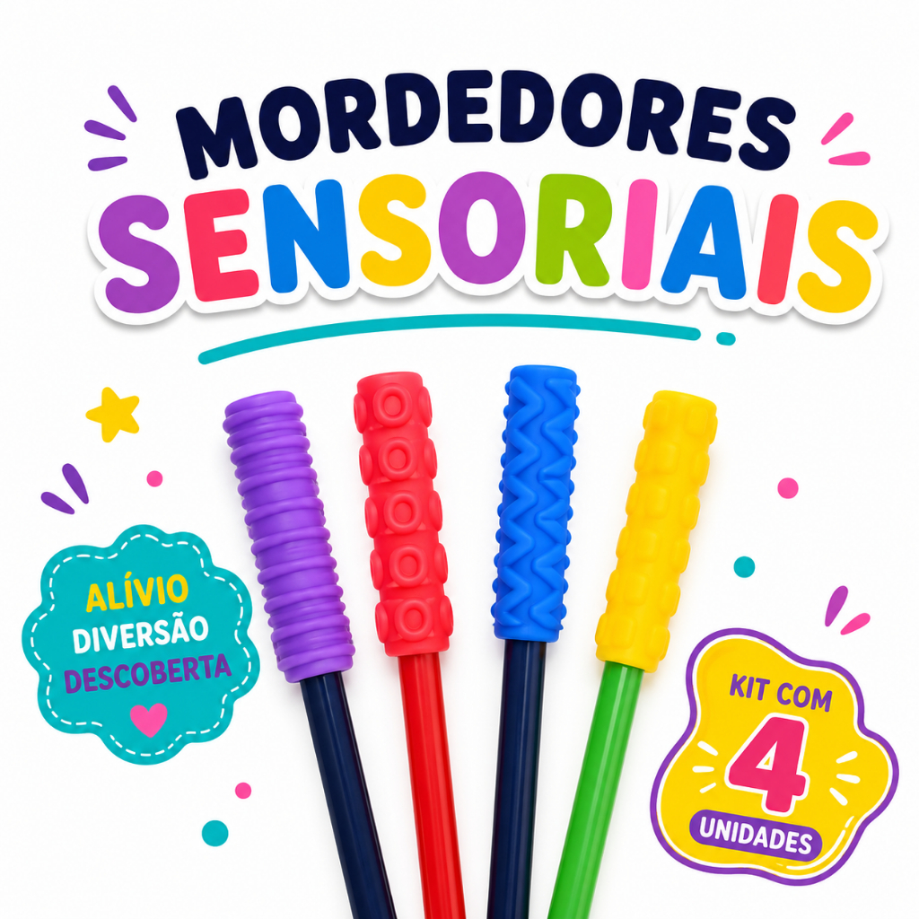 Ponteira Mordedor para Lápis Caneta de Silicone Anti Stress Kit 4 Unidades Menina e Menino