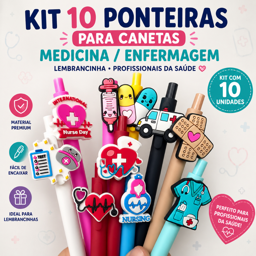 Kit 10 Ponteiras para Caneta Medicina/Enfermagem | Lembrancinha Profissionais da Saúde