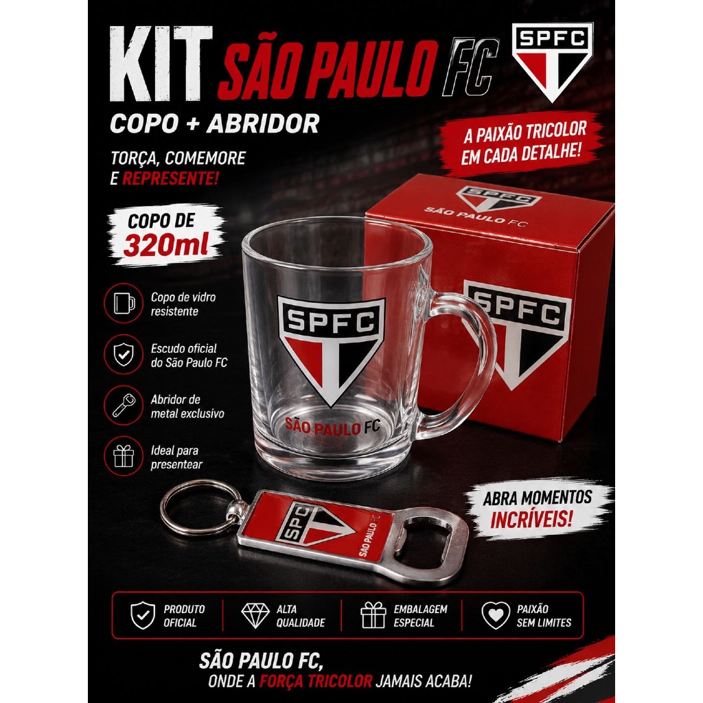 Kit São Paulo FC Copo de Vidro 320ml + Abridor Chaveiro | Presente para Torcedor Tricolor