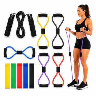 Kit Treine Em Casa Completo Elástico Extensor Cross Tube + Kit com 5 Faixa + Corda de Pul…