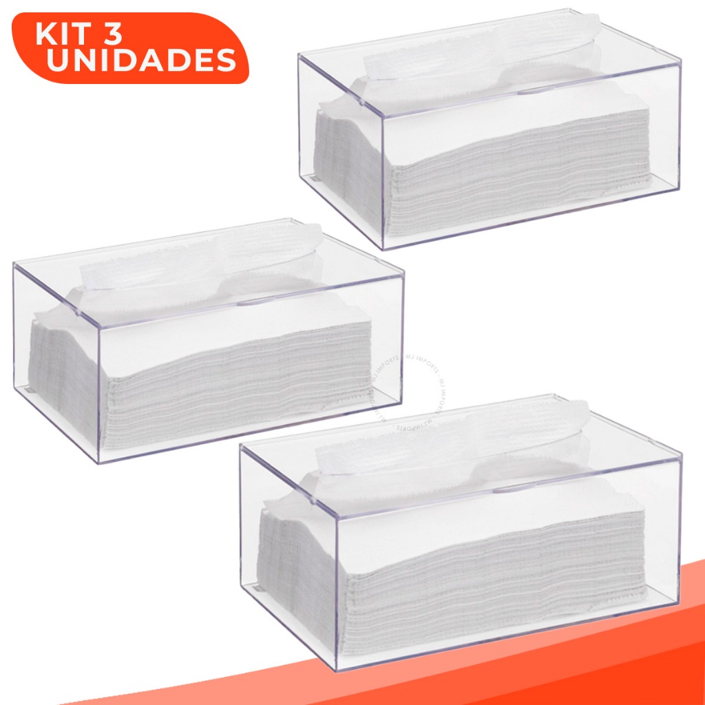 Kit 3 Caixa Porta Lenço Papel Toalha Acrílico Com Tampa Interfolhas Touca Mesa Pia Transparente