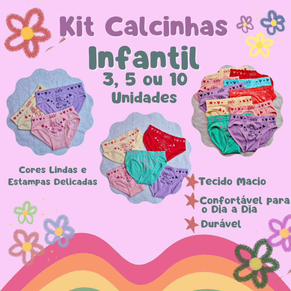 Kit Calcinha Infantil Feminina Menina Tecido Macio Sem Elástico Ajuste Confortável Para o Dia a Dia