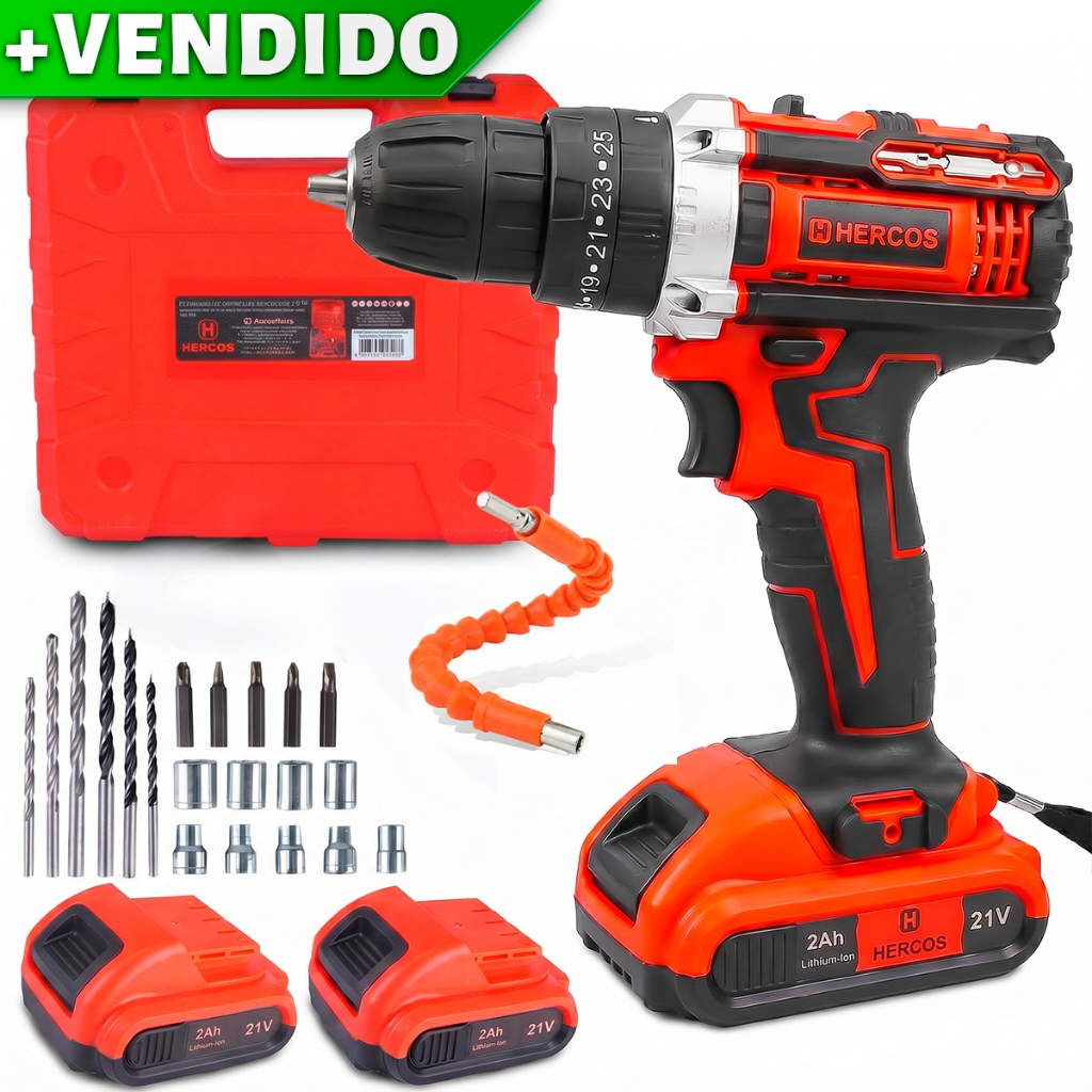 Parafusadeira Furadeira Impacto 21V Bivolt 2 Baterias Lítio Kit 25 Acessórios Maleta Brocas Bits