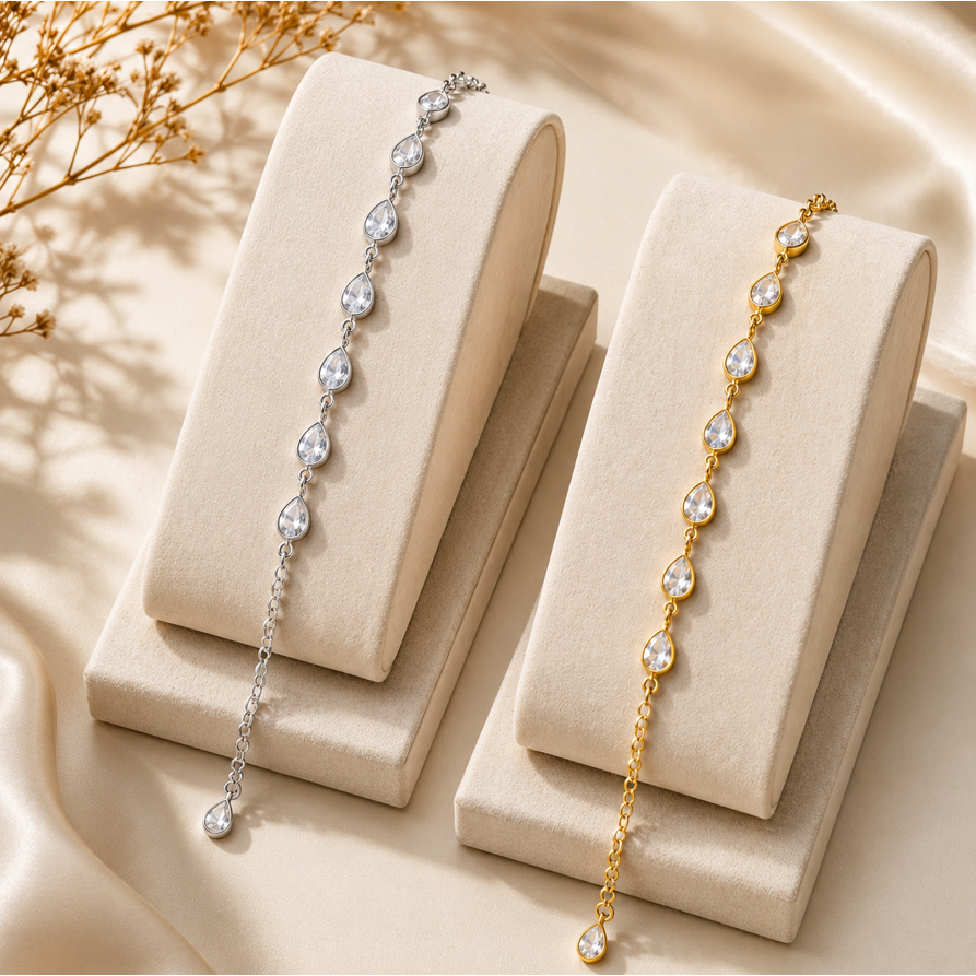 PULSEIRA DE GOTA ZIRCÔNIA FEMININA FOLHEADA DOURADO- PRATA ELEGANTE
