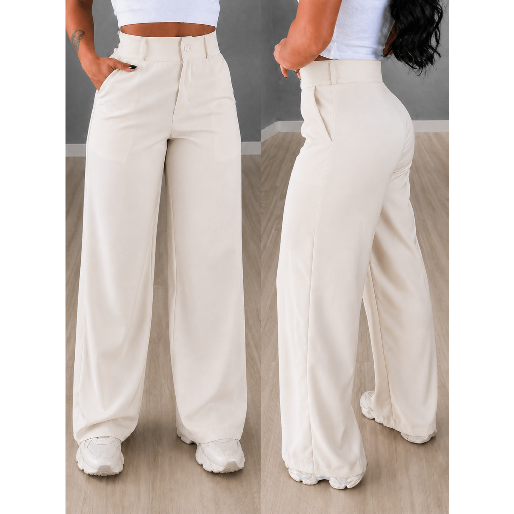 Calça Feminina Pantalona Alfaiataria Crepe Cintura Alta Com Bolso