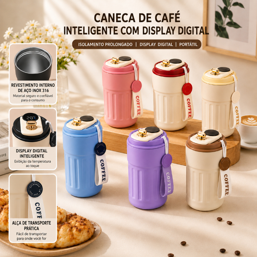 Imagem Copo Térmico Cafe Inox Portátil com tampa ,450ml Com LED Temperatura Antivazamento—