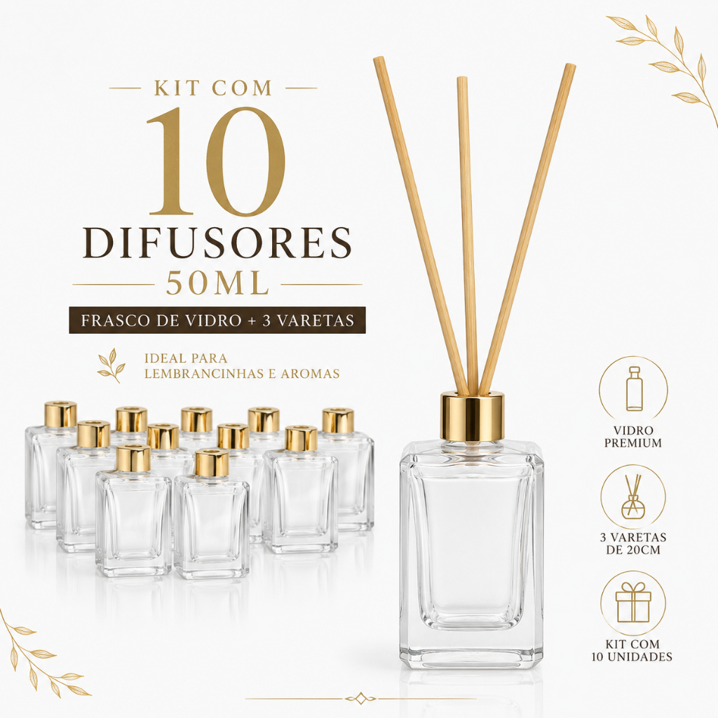 Kit 10 Frascos Difusor Vidro 50ml Tampa Dourada Varetas Aromatizador Lembrancinha Casamento Maternidade