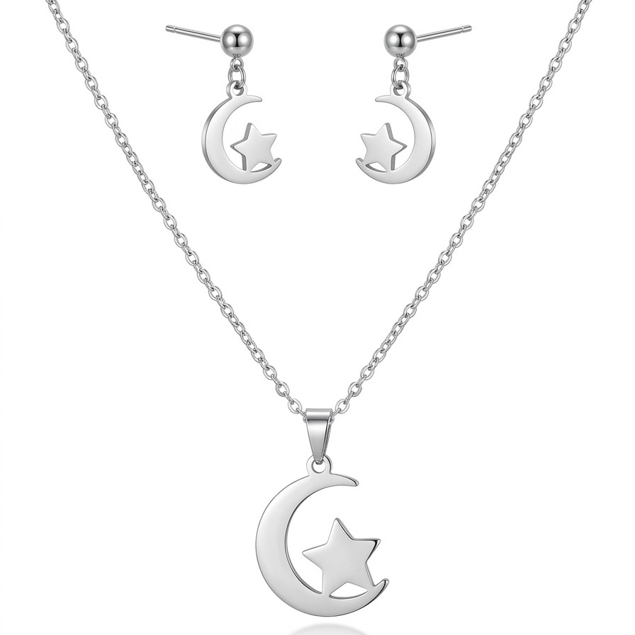 Conjunto Feminino Colar e Brinco Lua e Estrela Aço Inoxidável 316L Antialérgico Não Escurece