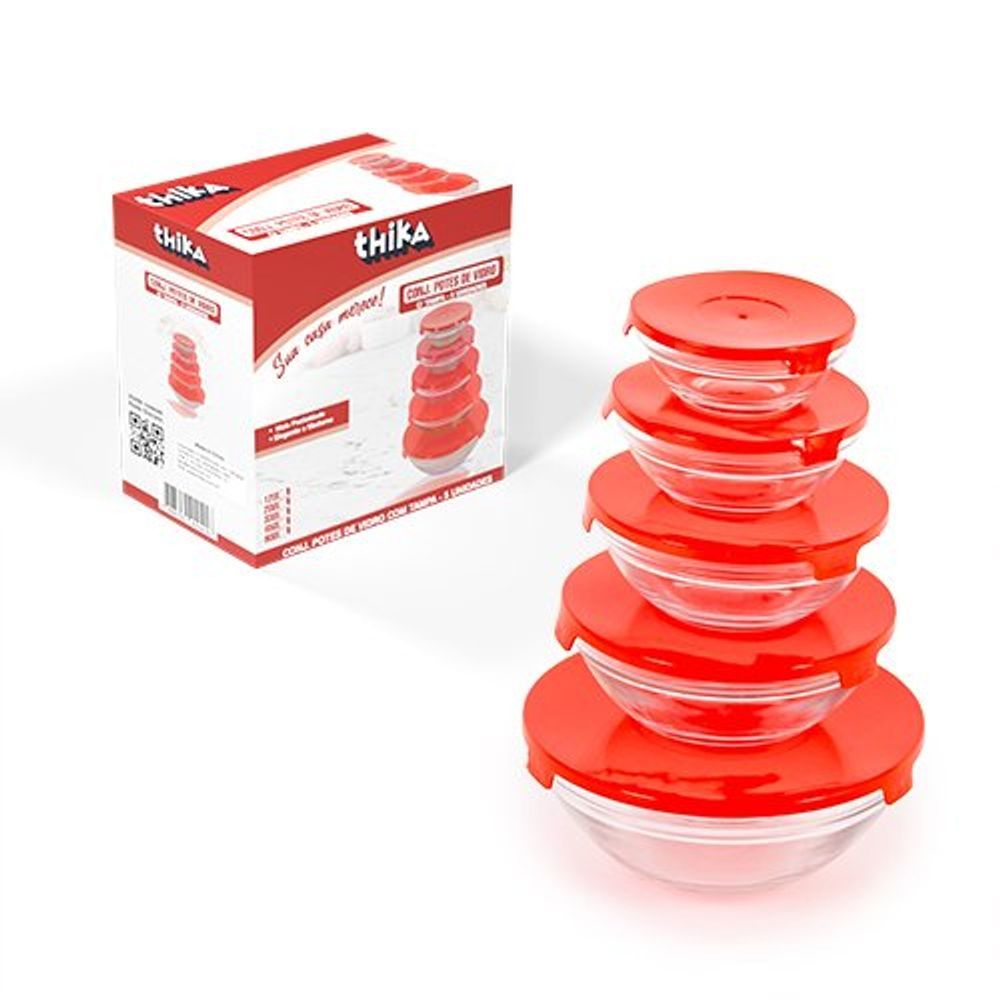 Conjunto 5 Potes De Vidro Com Tampa Hermética Porta Mantimentos Cozinha Geladeira Armazenamento Alimentos Transparente K