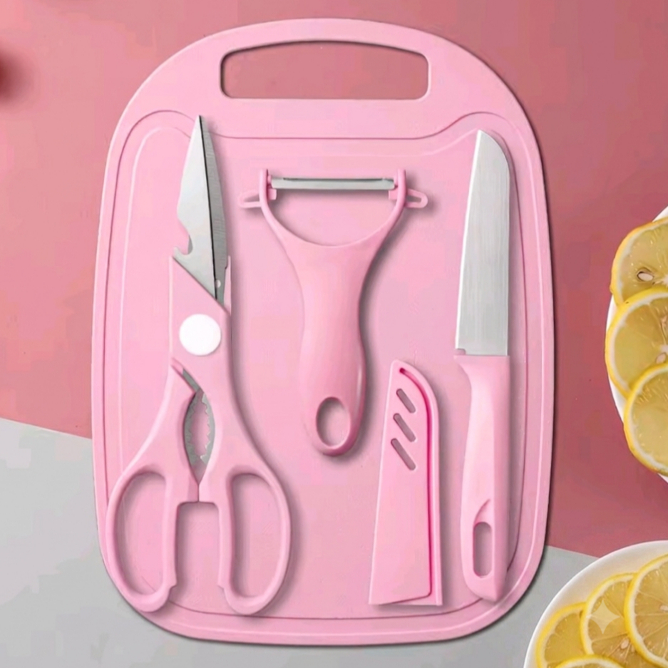 Kit Utensílios de Cozinha 4 Peças com Faca Tesoura Descascador de Frutas Tábua Conjunto Completo