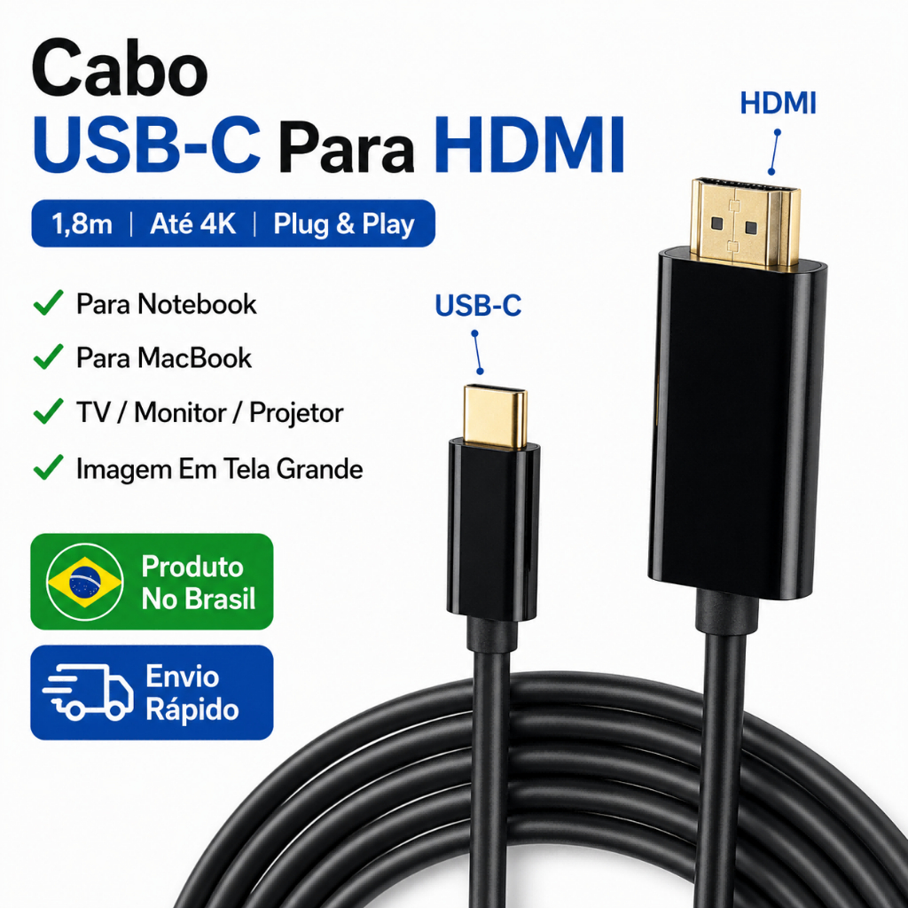 Cabo USB-C HDMI 4K 1,8m Para TV Monitor Projetor MacBook