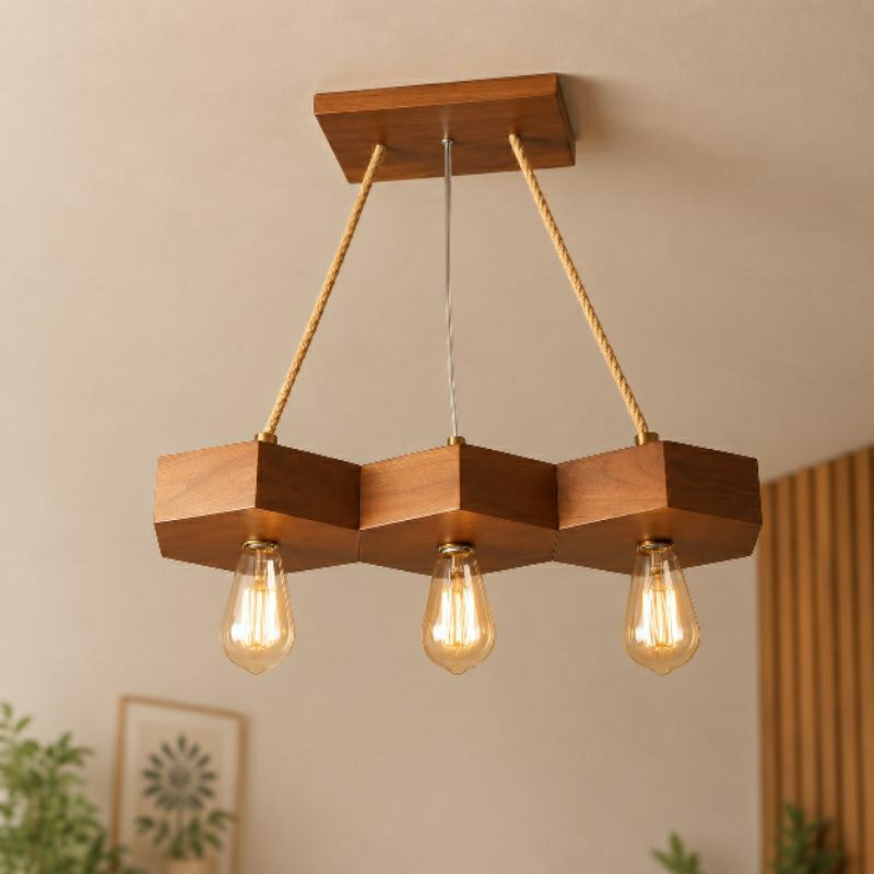 Luminária de madeira rústica de teto 48 cm para 3 lâmpadas