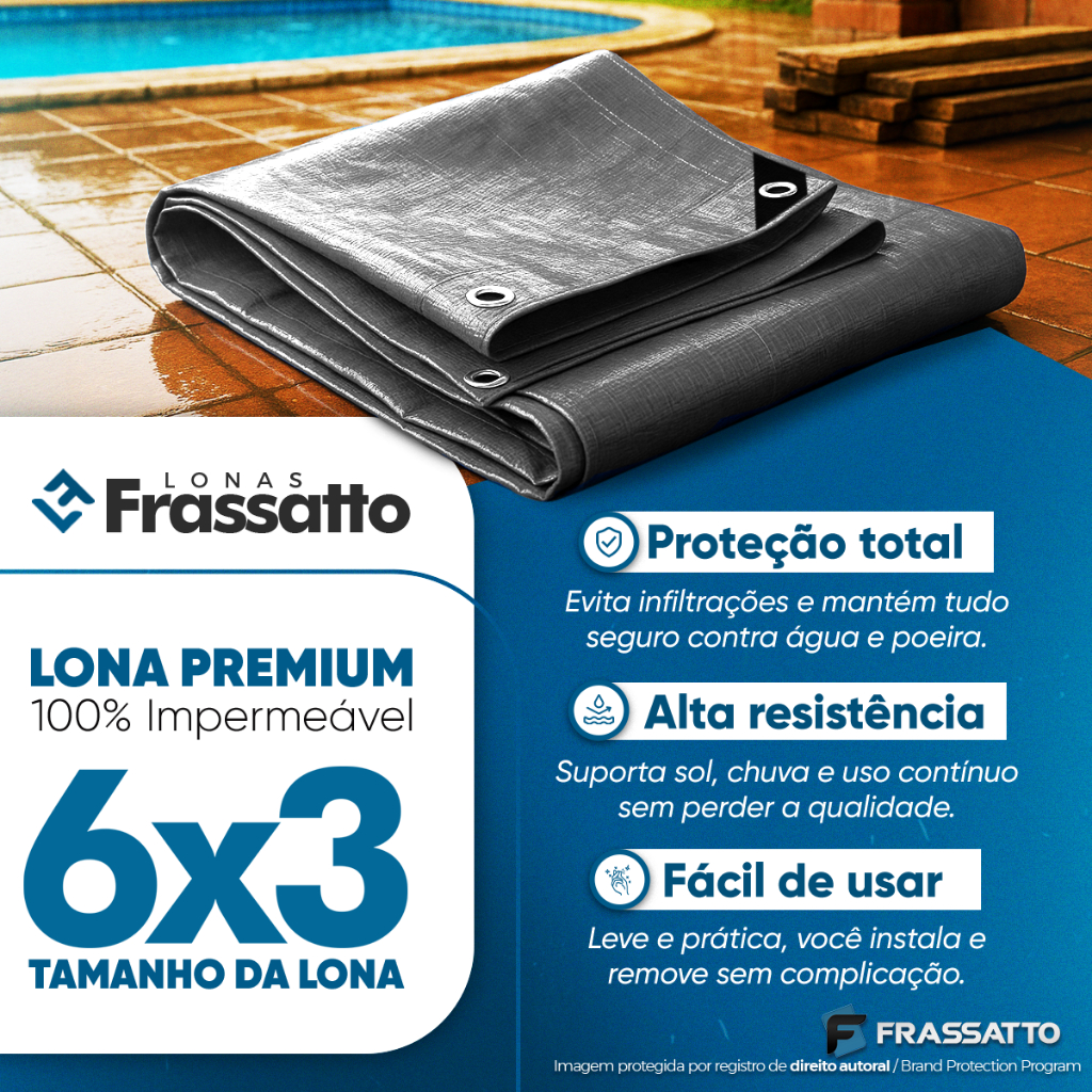 Lona Impermeavel 6x3 ou 3x6 Cinza Reforçada Multiuso Piscina Proteção Uv Com Ilhós Frassatto + Corda · foto 2