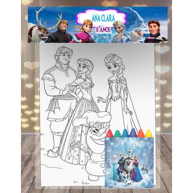 KIT COLORIR COM GIZ DE CERA FROZEN FESTA DE ANIVERSATIO TODOS OS TEMAS