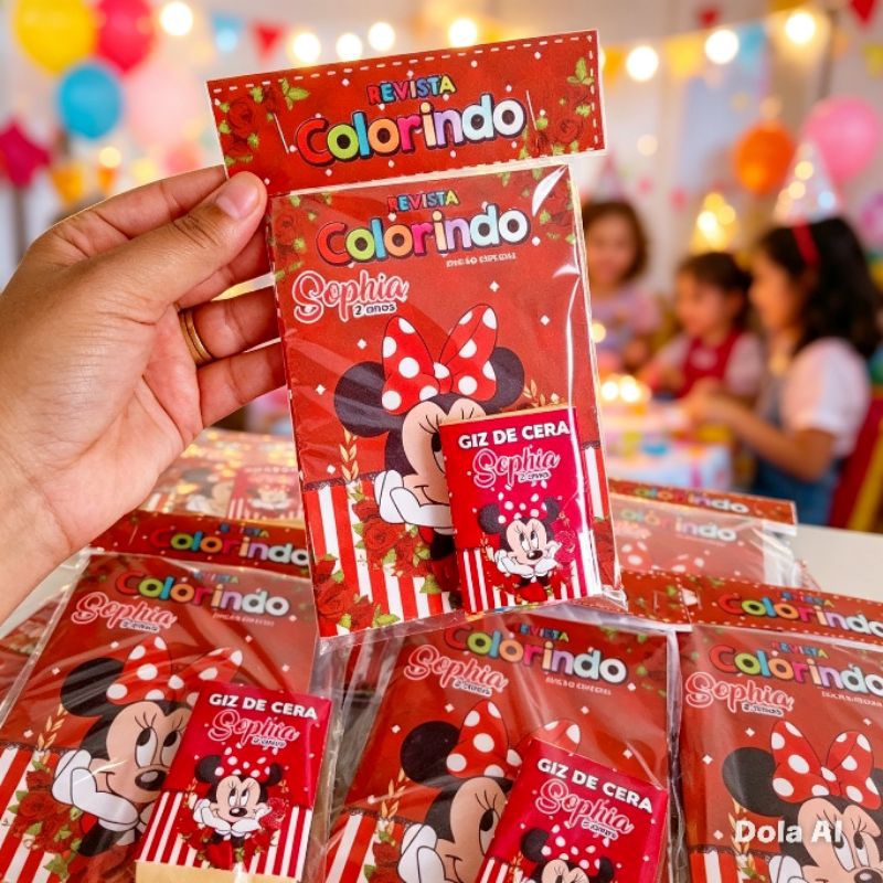 Kit Colorir Festa Minnie Vermelho 10x15cm| Revista + Giz | Lembrancinhas Aniversário Personalizadas