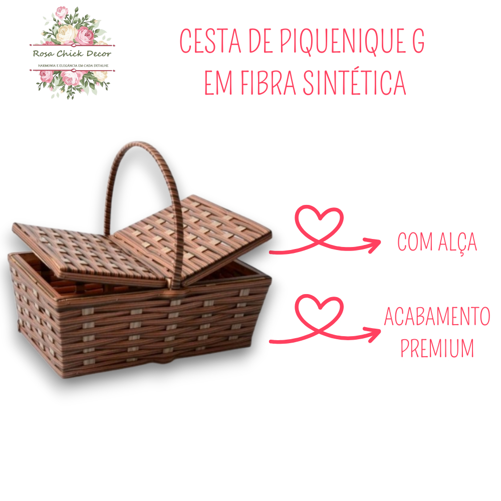 Cesta de Piquenique Fibra Sintética Grande 49x31x19 Café da Manhã Luxo Resistente (Vime Sintético)