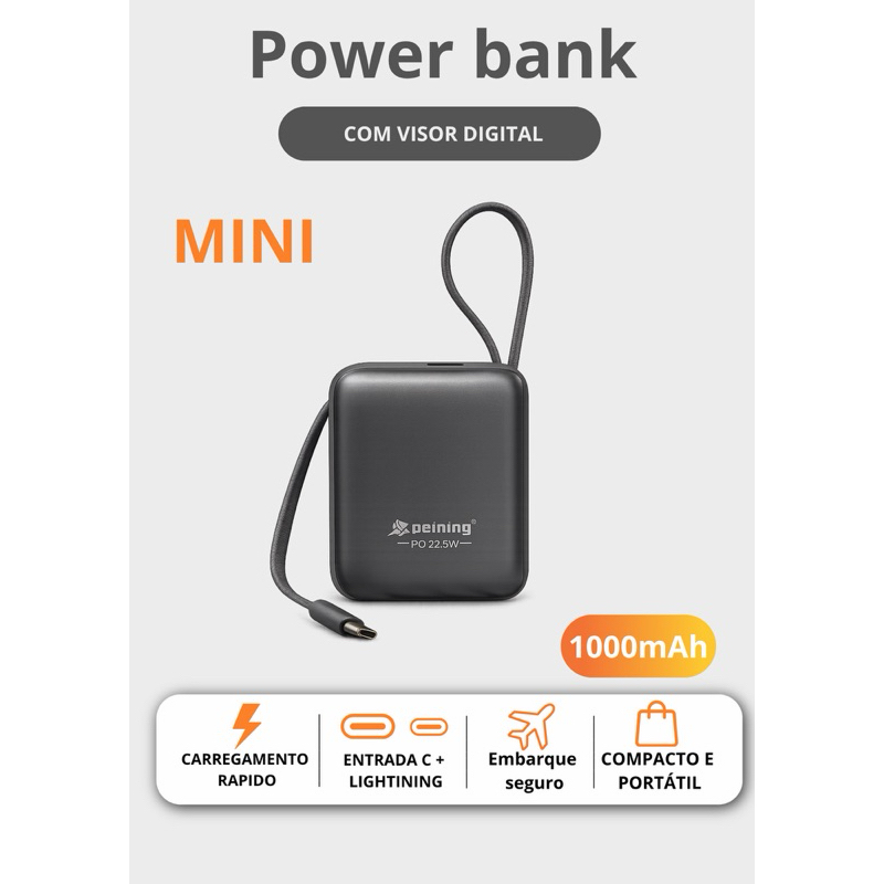 Power Bank 10000mAh Peining PD 22.5W | Carga Rápida | 2 Cabos Reforçados | Visor